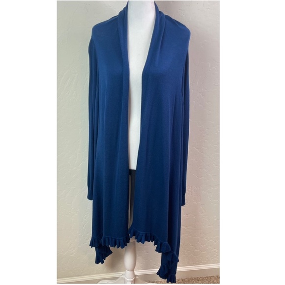 Love Moschino Blue Ruffle Hem Cotton Blend Open Front Waterfall Cardigan Sweater - Picture 3 of 16